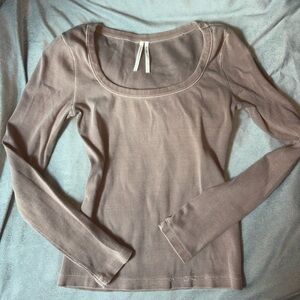 Anthropologie Ribbed Scoop Neck Long Sleeve Top - Pink Blush/Mocha - Small